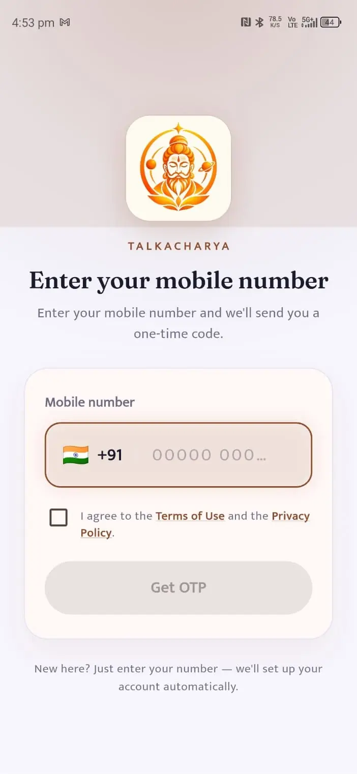 TalkAcharya customer app — mobile OTP sign-in